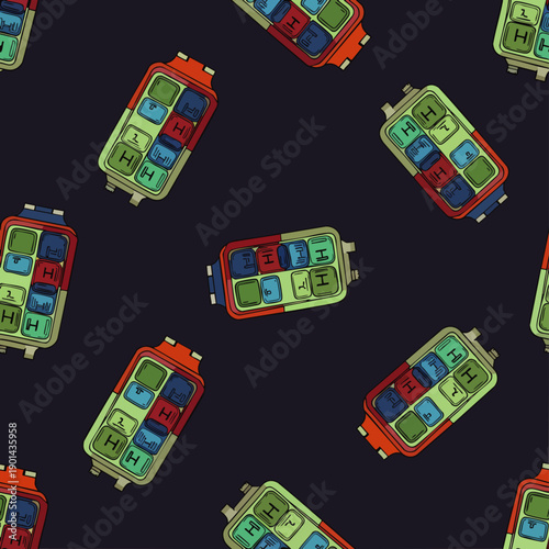 Seamless pattern of colorful ice cube trays with ice cubes on a dark background, hand-drawn illustration