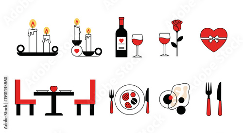 Valentines day romantic dinner set with wine candles and heart
