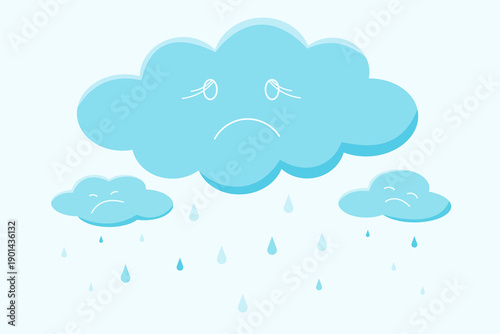 Sad cloud characters with rain expressing negative emotions and low mood. Concept illustration for Blue Monday, depression, mental health awareness, emotional burnout, sadness, stress and anxiety