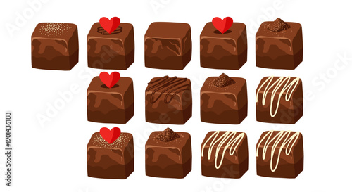 Assorted chocolate truffles with heart decorations and drizzle