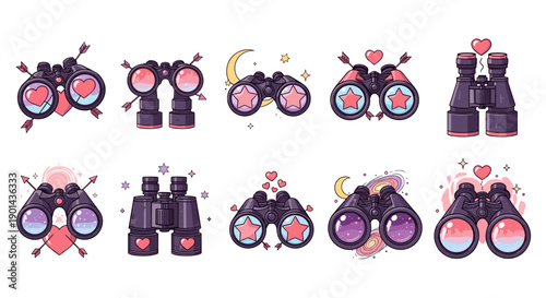 Collection of colorful cartoon style binoculars with hearts and stars