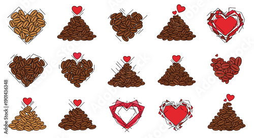 Collection of heartshaped and pile of coffee beans with love symbols