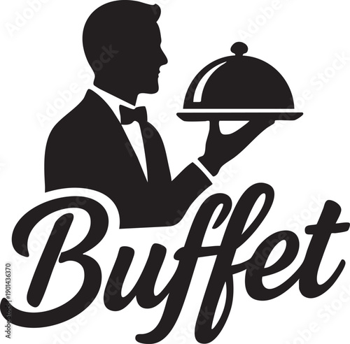 Elegant silhouette of a waiter holding a covered dish with the word buffet below in script