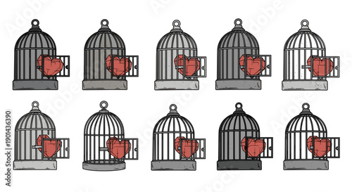 Set of ten empty birdcages with red books