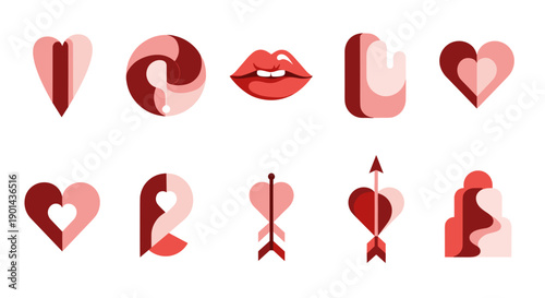 Set of romantic love symbols and icons in red and pink colors