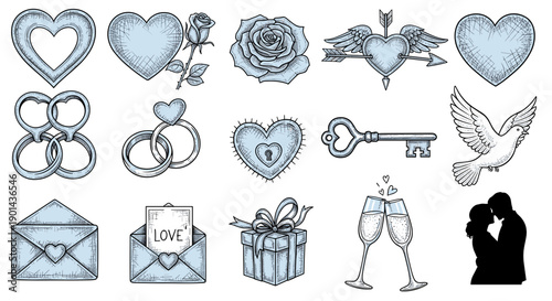 Collection of romantic symbols and lovethemed icons for design