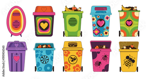 Collection of colorful trash bins with various designs and patterns