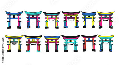 Collection of colorful traditional japanese torii gates in a row