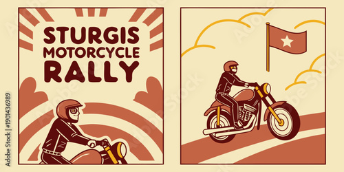 U.S, USA, US, United States - Sturgis Motorcycle Rally Vintage Poster – Retro Biker Riding Illustration with Hills, Sunburst, and Flag in Bold Classic Style for Motorsport Art and Road Culture Decor
