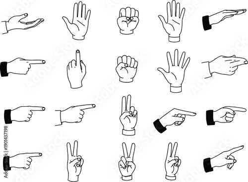 Hand gesture vector icons, line art hands showing signs, pointing fingers, peace symbol, and open palm communication illustration