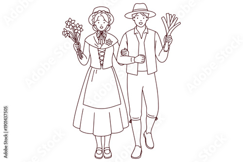 St Saint David's Day Detailed black and white outline showing a woman with daffodils and a man with a leek in Welsh national costume. Creative illustration for holiday worksheets and cultural art
