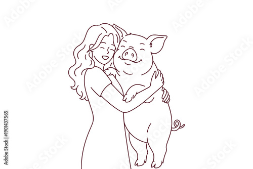 Black and white outline for coloring showing a girl hugging her pet pig tightly. Emotional illustration about animal kindness, empathy, and friendship for National Pig Day.