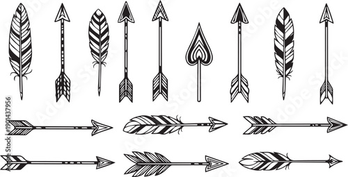 Tribal Bohemian Arrow Collection with Hand-Drawn Feather Elements Vector