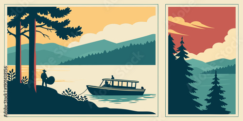 Vintage Outdoor Landscape Art: Lakeside Fishing Scene & Forest Mountain Illustration in Retro Nature Style, U.S, USA, US, United States
