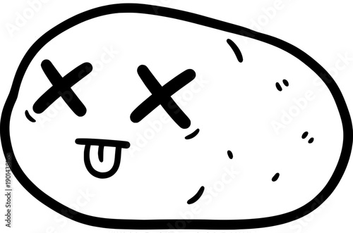 Funny dead potato character illustration. Hand-drawn doodle of a potato with "X" eyes and tongue sticking out. Simple black and white vector art in a kawaii or comic style. Concept for humor.