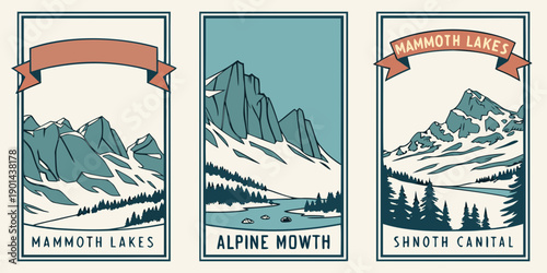Mammoth Lakes Vintage Mountain Posters: Snowy Peaks, Alpine Landscapes & Retro Travel Illustration Set, U.S, USA, US, United States
