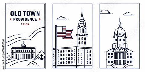 Providence Rhode Island Wall Art – Old Town Architecture Triptych Featuring Dome, Spire & Historic Landmark Illustrations, U.S, USA, US, United States
