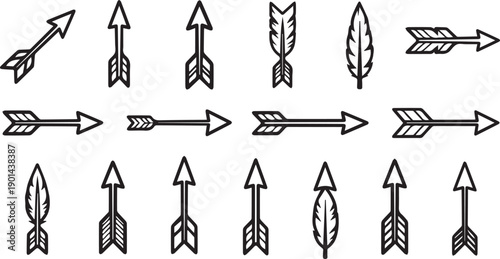 Set of Tribal Arrow Icons Featuring Hand-Drawn Minimalist Line Art with Decorative Feathers and Geometric Archery Silhouette Graphic Elements