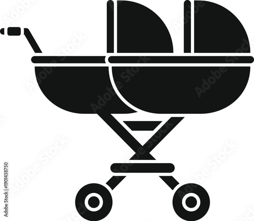 Black silhouette icon presenting a double baby stroller for twins