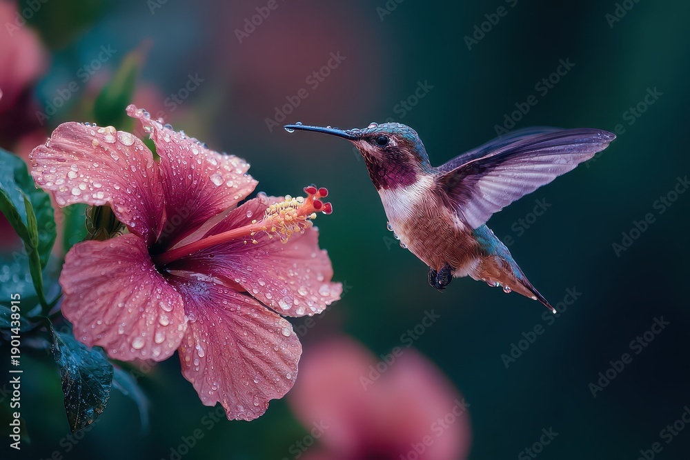 Fototapeta premium Macro photography captures hummingbird feeding on hibiscus flower with beautiful droplets, showcasing nature's intricate details in a vibrant garden setting