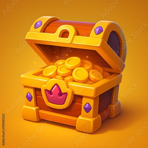 3D golden treasure chest filled with gold coins and crown emblem