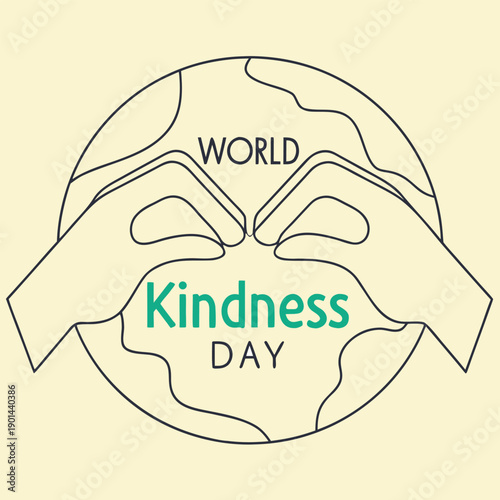 World kindness day line art illustration with hands forming heart shape around globe on cream background representing global love and unity