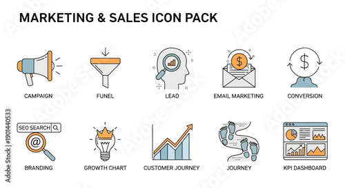 Diverse collection of marketing and sales concept icons representing strategy, promotion, analysis, and customer journey mapping visually.