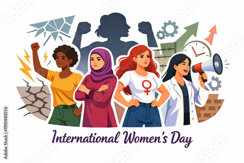 International Women's Day celebration with diverse women standing strong against adversity