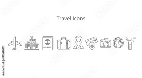Collection of simple gray line art vector icons representing essential elements for international travel planning and vacation experiences.