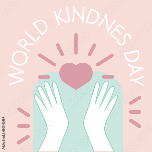 World kindness day concept with hands supporting heart and radiating light on pastel background, abstract representation of love and care