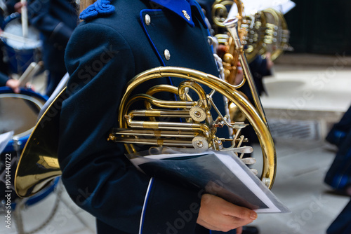 Philharmonic musicians playing in Corfu Easter holiday celebrations. Corfu has a great tradition in music, with 18 philharmonic bands playing a major role on the island`s music education and culture.