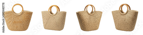 Canvastavla Natural Woven Straw Beach Tote Bag With Round Wooden Handles Collection Isolated