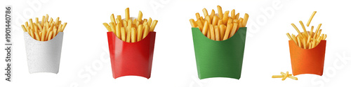 Tableau sur toile Golden French Fries In Colorful Paper Boxes Collection Isolated On White Backgro