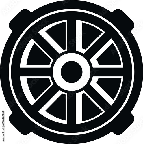 Dharmachakra icon, a black graphic symbol of the dharma wheel
