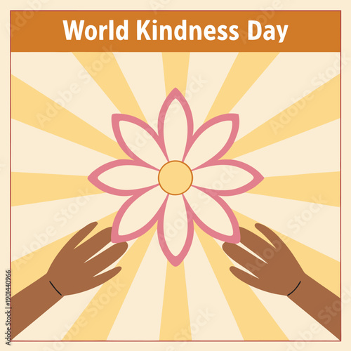 World kindness day poster with diverse hands and stylized flower radiating light beams, emphasizing generosity