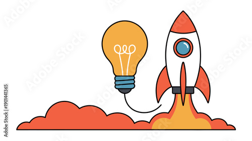 A cartoon rocket ship blasts off into space with a lightbulb idea
