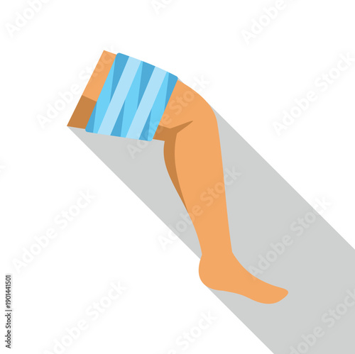 Human leg wrapped with a blue elastic bandage for injury or sprain