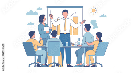 A group of business professionals engaged in a meeting with a presenter standing in front of a projector screen