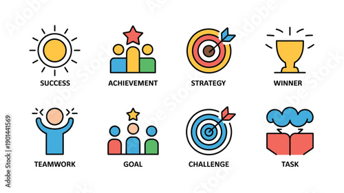 A colorful infographic featuring icons and words related to business success and achievement.