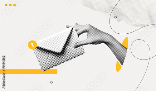 Trendy Halftone Collage Hand holding closed envelope with one notification. New message or letter in email. Online communication. Social media marketing. Contemporary vector illustration art