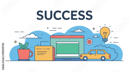 A colorful illustration of success with a computer, car, and plant on a blue background