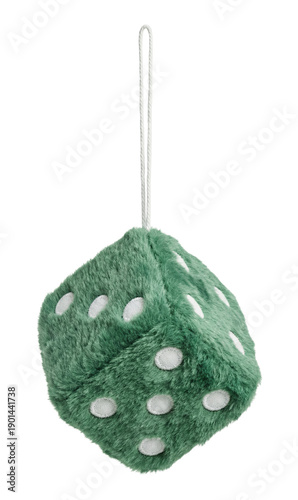 Green Fuzzy Hanging Die Car Ornament with White Dots, Isolated on Transparent and White Background