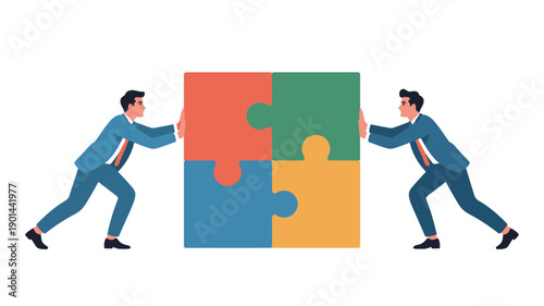 Two businessmen in blue suits working together to assemble a colorful puzzle piece