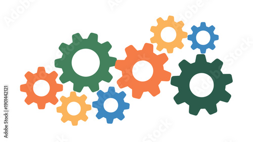 A colorful illustration of interlocking gears in various sizes and shapes on a white background