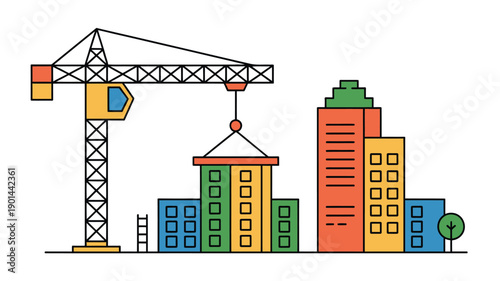 A colorful illustration of a cityscape under construction with a crane lifting a building