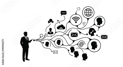 Businessman connected to various digital communication icons and symbols