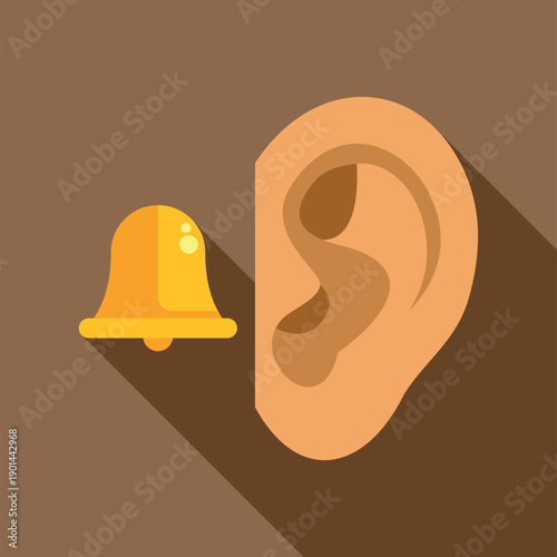 Human ear listening to a ringing bell, representing notification, hearing loss, or tinnitus
