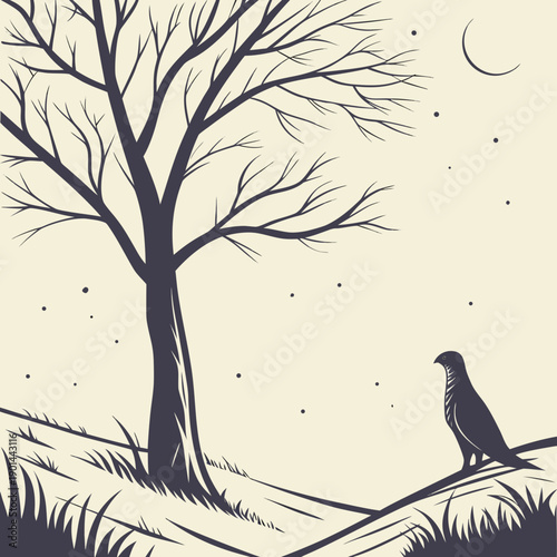 A serene night scene with a lone bird perched on a fence near bare trees