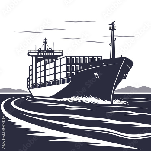 A large cargo ship sails through the open sea, leaving a trail of waves behind it.