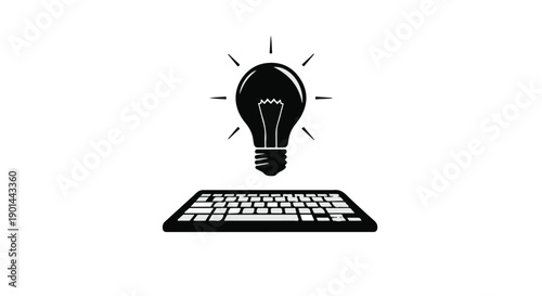 Illuminated lightbulb above a keyboard symbolizes a brilliant idea or inspiration for writing and technology.